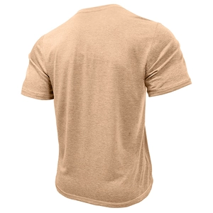 Detail view of the back of a men's heathered beige three-button henley t-shirt