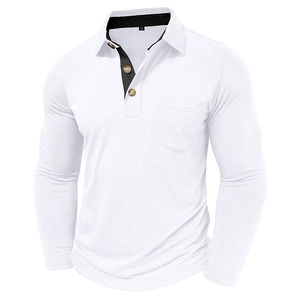 Detail of white long sleeve polo shirt with black collar lining and chest pocket