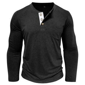 Close-up of men's dark grey melange Henley shirt with three buttons and contrast white placket