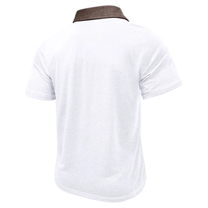 Back view of men's short sleeve polo shirt with brown contrast collar and high quality fabric