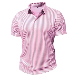Detail view of pink and white vertical striped polo shirt with collar and button placket