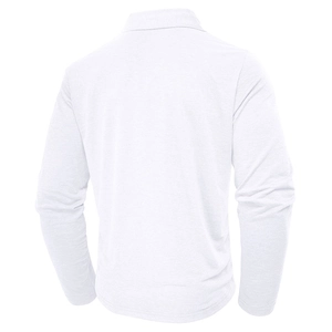 Rear view of white long sleeve polo shirt showing fine knitted fabric texture clearly