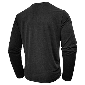 Detail view of the back of a men's long sleeve henley t-shirt with grey knit texture