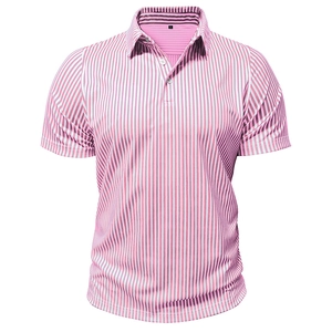 Macro shot of breathable pink striped fabric and the classic polo collar on men shirt