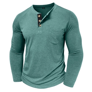 Detail of teal long sleeve Henley shirt with wood buttons and black contrast placket