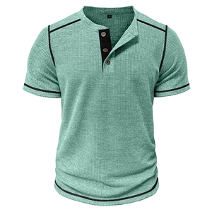 Men's mint green waffle knit short sleeve Henley shirt with black contrast stitching