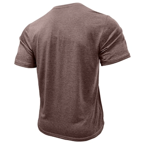 Detailed back view of a men's heathered burgundy short-sleeve knit Henley t-shirt