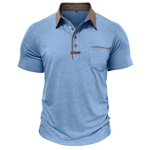 Close-up of sky blue polo shirt showing dark brown contrast collar and knitting texture