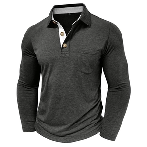Detail of dark gray long sleeve polo shirt showing contrast collar and wood-style buttons
