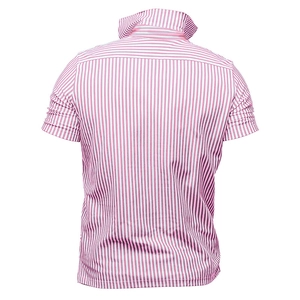 Back view of a men's short-sleeve shirt featuring pink and white vertical stripes
