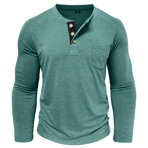 Detailed view of men's peacock green long sleeve Henley shirt with 3 buttons and chest pocket