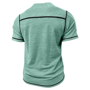 Men's waffle knit short sleeve Henley T-shirt in sage green with black contrast piping