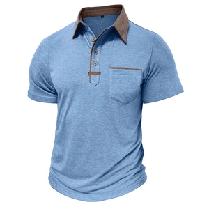 Detail of light blue men's polo shirt with brown contrast collar and chest pocket