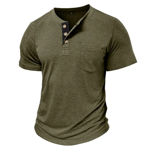 Detail of army green knit Henley shirt showing three-button neckline and chest pocket