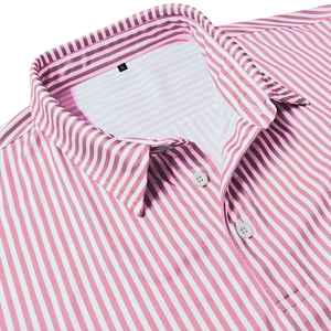 Detailed close-up of pink and white striped polo shirt collar with XL size label