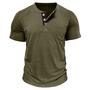 Detail of army green knit Henley shirt with three buttons and dark contrast placket