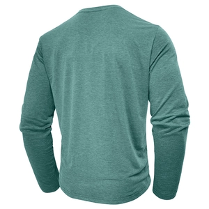 Rear view of men's long sleeve henley shirt in teal heather knit with athletic fit