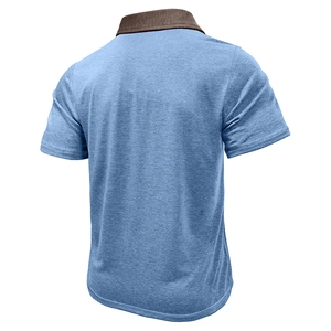 Back view of light blue polo shirt with textured fabric and dark contrast collar detail