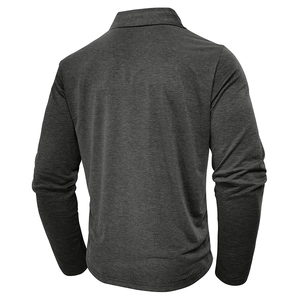 Detail view of the back of a dark grey heather long sleeve polo shirt with stand collar