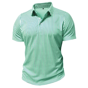 Detail of green and white striped Polo shirt with turn-down collar and size XL label