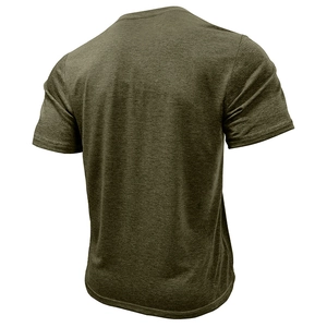 Back view of a men's olive green short sleeve Henley shirt with heathered texture fabric