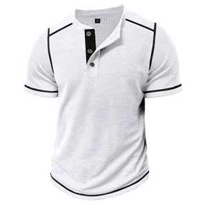 Detail view of white waffle knit fabric with contrast black trim and wooden buttons
