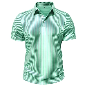 Detail of green and white vertical stripes on a men's polo shirt with lapel and buttons