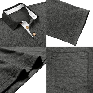 Detail view of dark grey polo shirt with contrasting collar and wooden buttons
