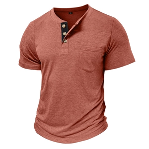 Detail of brick red men's Henley shirt with three-button placket and chest pocket