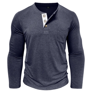 Detail of grey knit Henley shirt with buttoned collar and contrast placket trim