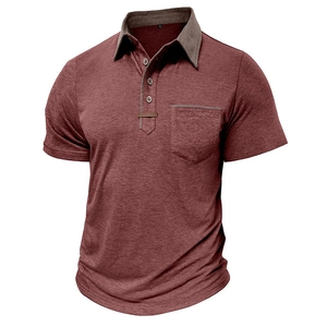 Close-up of men's polo shirt featuring a dark red body with brown collar and pocket detail
