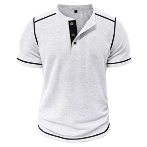 Detailed view of white waffle knit men's Henley shirt with contrasting black trim details