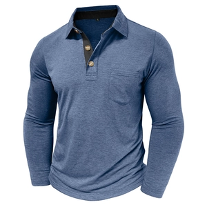 Detailed close-up of blue heather polo shirt with wood buttons and chest pocket