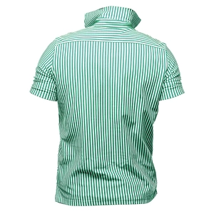 Detailed back view of green and white vertical striped men's polo shirt with lapel collar