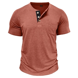 Close-up of three-button Henley neckline and chest pocket on red short sleeve shirt