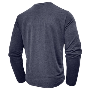 Detail view of the charcoal heather knitted fabric and back stitching of men's long sleeve tee
