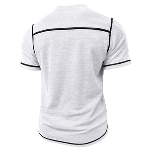 Rear view of white waffle knit Henley shirt with black contrast trim on sleeves and hem