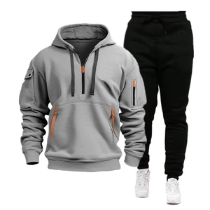 Ensemble sweat à capuche gris multi-poches et pantalon de jogging noir pour hommes