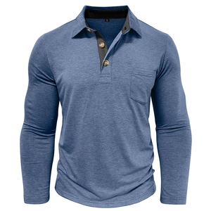 Close-up of heather blue long sleeve Polo shirt featuring wood buttons and chest pocket