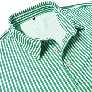 Detail of green and white vertical striped Polo shirt showing breathable mesh and XL label