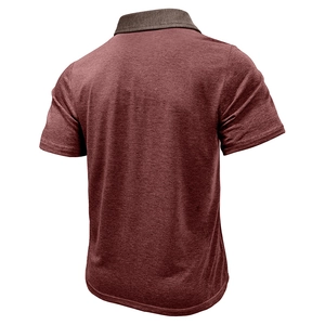 Rear view of maroon and charcoal textured polo shirt with ribbed turn-down collar