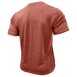Rear view detail of brick red heather knit t-shirt showing shoulder and sleeve stitching