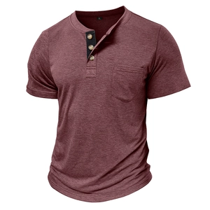 Close-up of burgundy Henley shirt featuring three-button placket and chest pocket detail