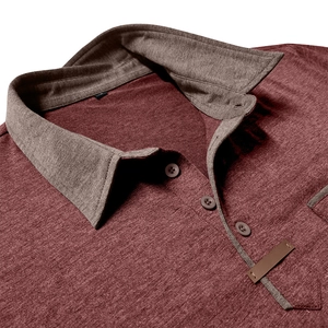 Detailed macro view of the three-button placket and textured fabric on a men's polo shirt