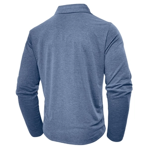 Back view of heather blue long sleeve polo shirt showing premium breathable knit texture