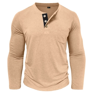 Detail of khaki Henley shirt with navy contrast placket and functional chest pocket
