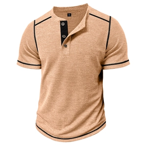 Macro detail of men's waffle knit Henley shirt showing buttoned placket and contrast stitching
