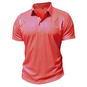 Close-up of a red and white striped men's polo shirt featuring a classic collar and buttons