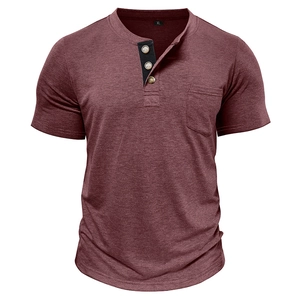 Detail view of burgundy men's Henley shirt with three-button placket and chest pocket