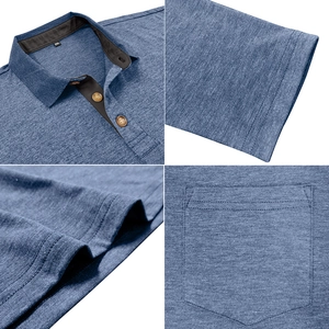 Detail view of heather blue Polo shirt featuring contrast collar, pocket, and fine stitching